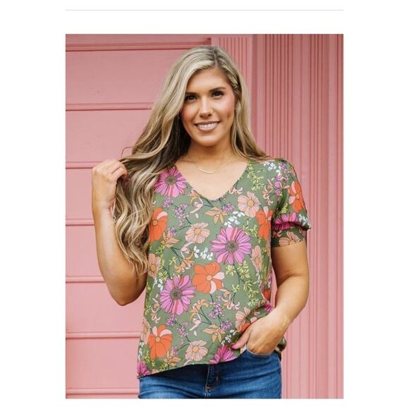 Michelle McDowell Tops - Michelle McDowell Maya Top Women’s Sz Small Green Floral Puff Sleeve Flowy Shirt